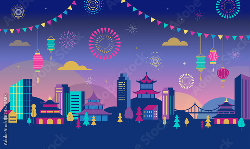 Chinese New Year - city landscape with colorful fireworks and lanterns. Vector background
