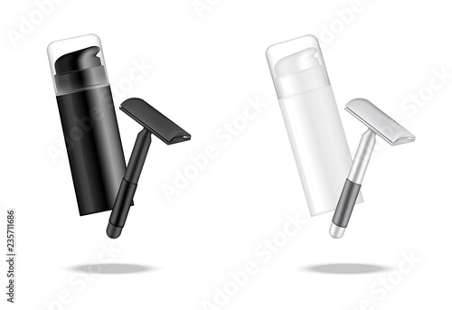 3D Mock up Realistic Bottle Shaving Cosmetic Cream and  Razor for moustache for man and hair women for silky smooth skin background illustration vector