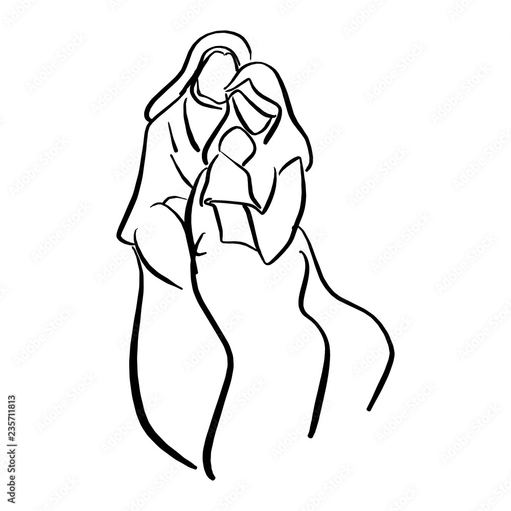 Nativity Scene of baby Jesus in manger with Mary and Joseph vector illustration sketch doodle hand drawn with black lines isolated on white background. Nativity Scene of baby Jesus in manger with Mary and Joseph vector illustration sketch doodle hand drawn with black lines isolated on white background.