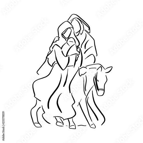 Nativity Scene of baby Jesus in  Mary arm and Joseph with donkey vector illustration sketch doodle hand drawn with black lines isolated on white background.