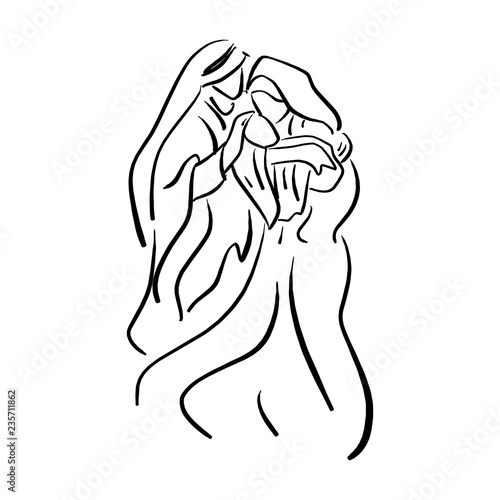 Nativity Scene with baby Jesus, Mary and Joseph vector illustration sketch doodle hand drawn with black lines isolated on white background.