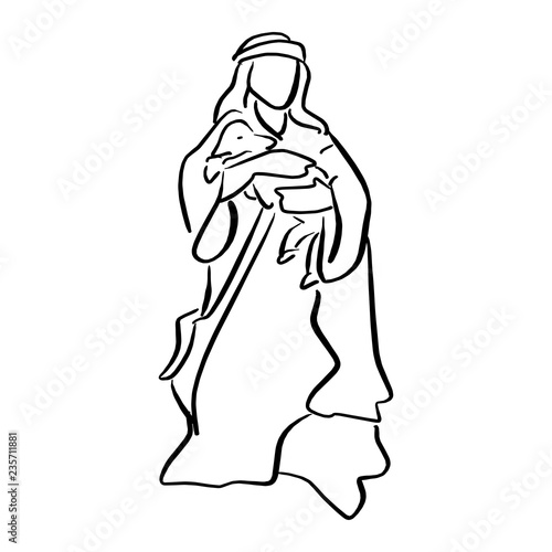 shepherd holding a sheep in nativity scene vector illustration sketch doodle hand drawn with black lines isolated on white background