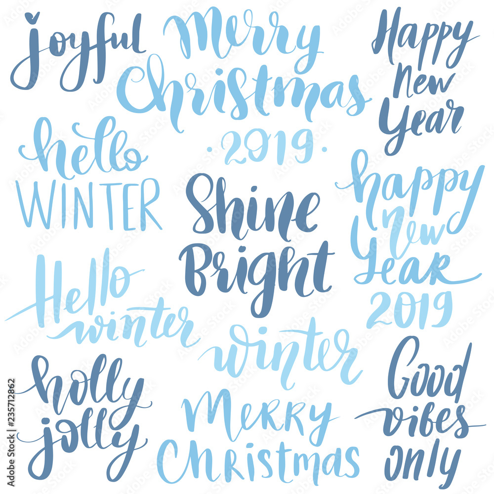 Set Merry Christmas and Happy New Year 2019 Vector hand drawn lettering phrases. Set Merry Christmas and Happy New Year 2019 Vector hand drawn lettering phrases.