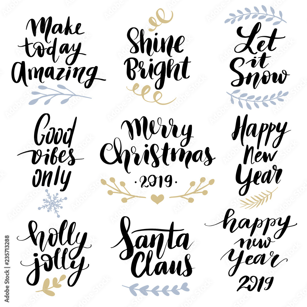 Set Merry Christmas and Happy New Year 2019 Vector hand drawn lettering phrases.