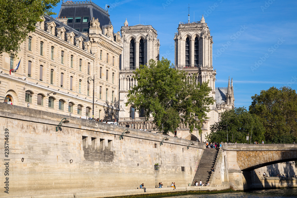 PARIS, FRANCE, SEPTEMBER 8, 2018 - Notre Dame of Paris Chatedral in Paris from Seine river in Paris, France