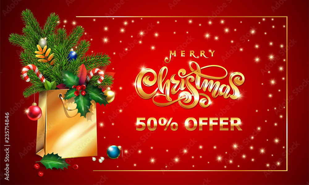 Naklejka premium Gold Vector lettering text Merry Christmas 3d Shopping bag fir branches, xmas red card. Christmas Sale offer advertising