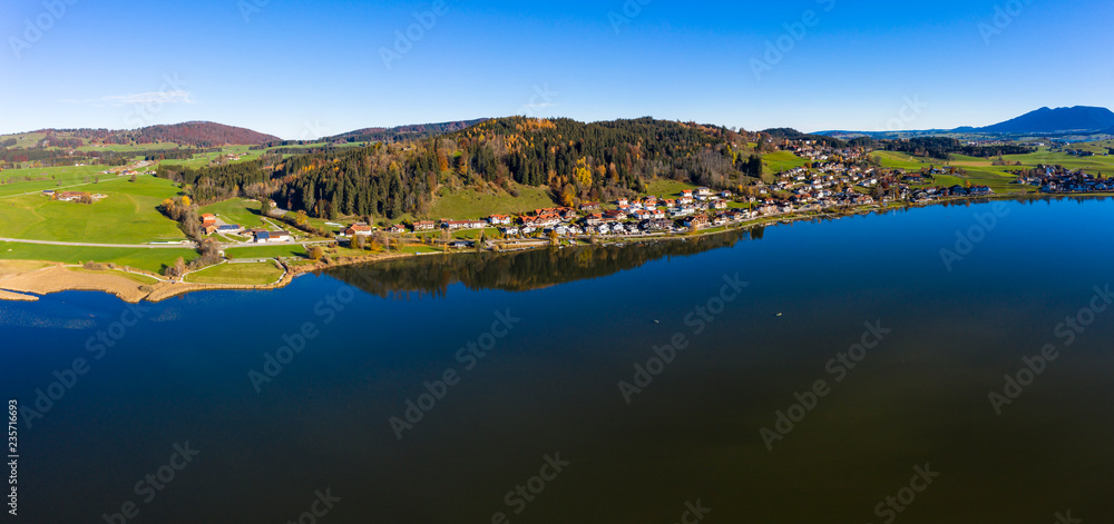 Obraz premium Aerial view Hopfensee, Ostallgäu, Bavaria, Germany,
