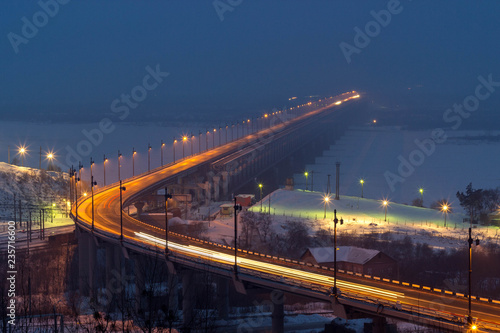 view on Khabarovsk bridge in winter at night