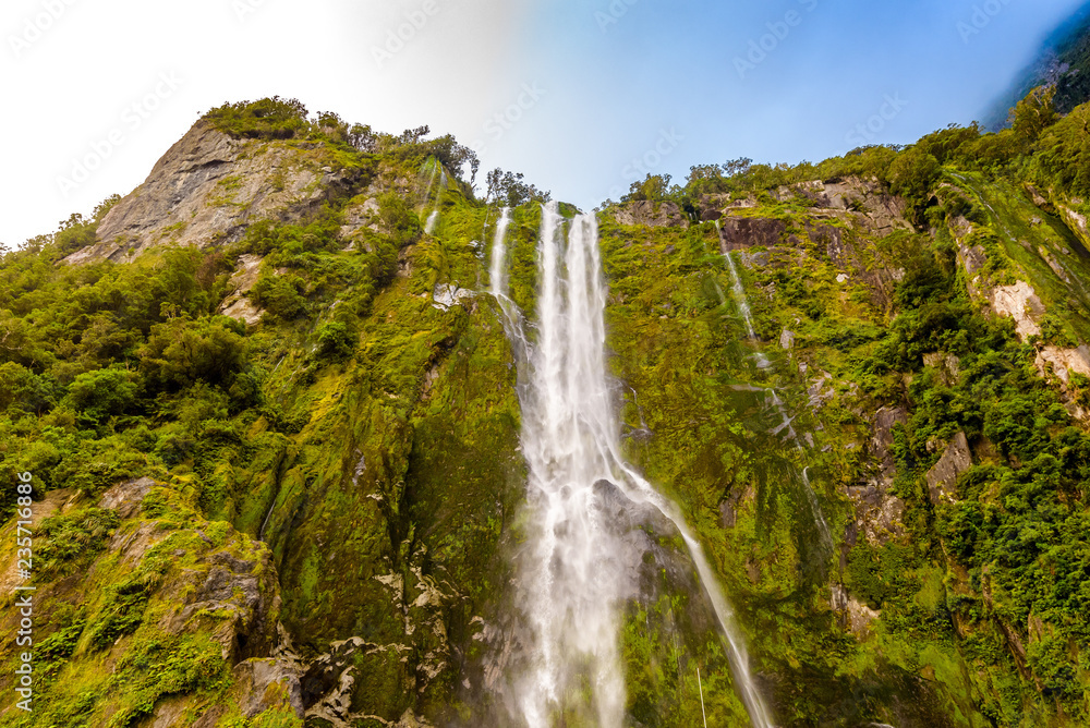 Stirling Falls, Milford Sound Fjord, Fiordland, New Zealand.