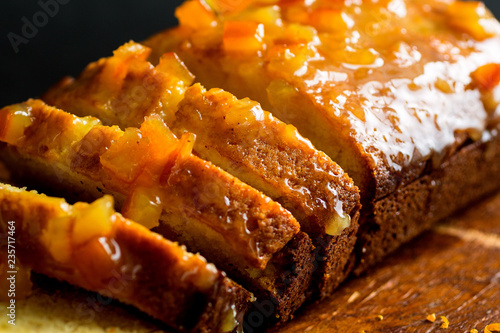 Close up of sliced orange marmalade cake photo