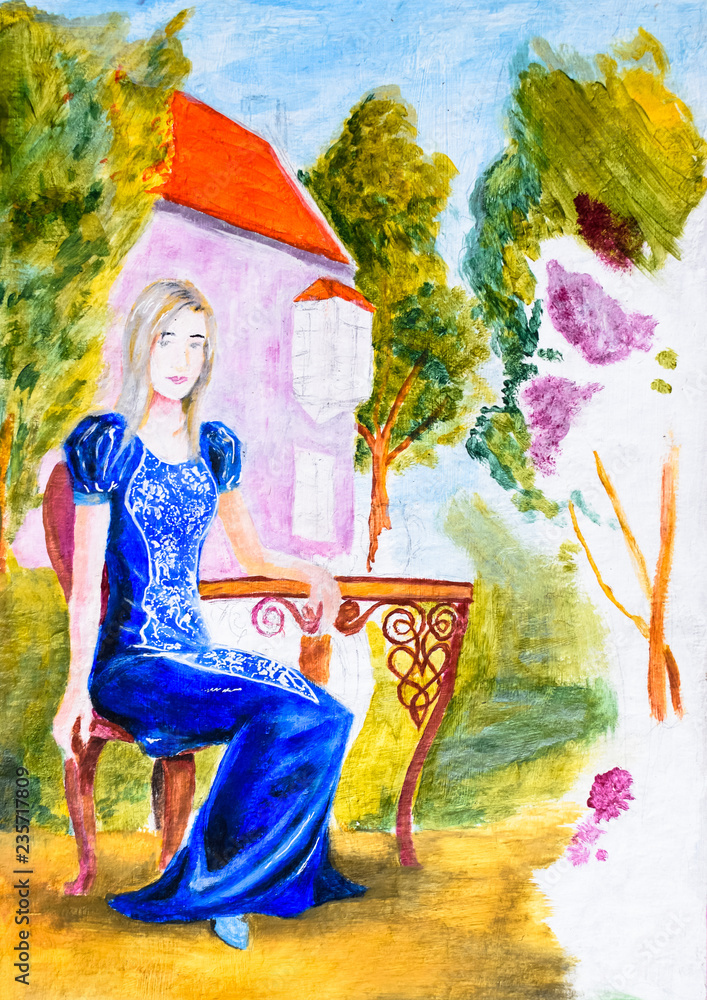 A girl in a blue dress sits at a table in the garden of a rich name. Watercolor paint, painting in the style of the 19th century