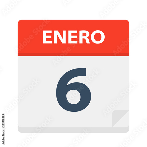 Enero 6 - Calendar Icon - January 6. Vector illustration of Spanish Calendar Leaf