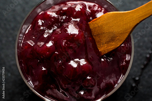 Close up of lingonberry jam served in bowl