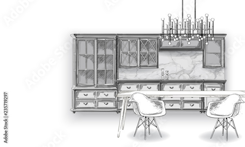 Banner of hand drawn furniture kitchen, apartment, promotion, sale, ads