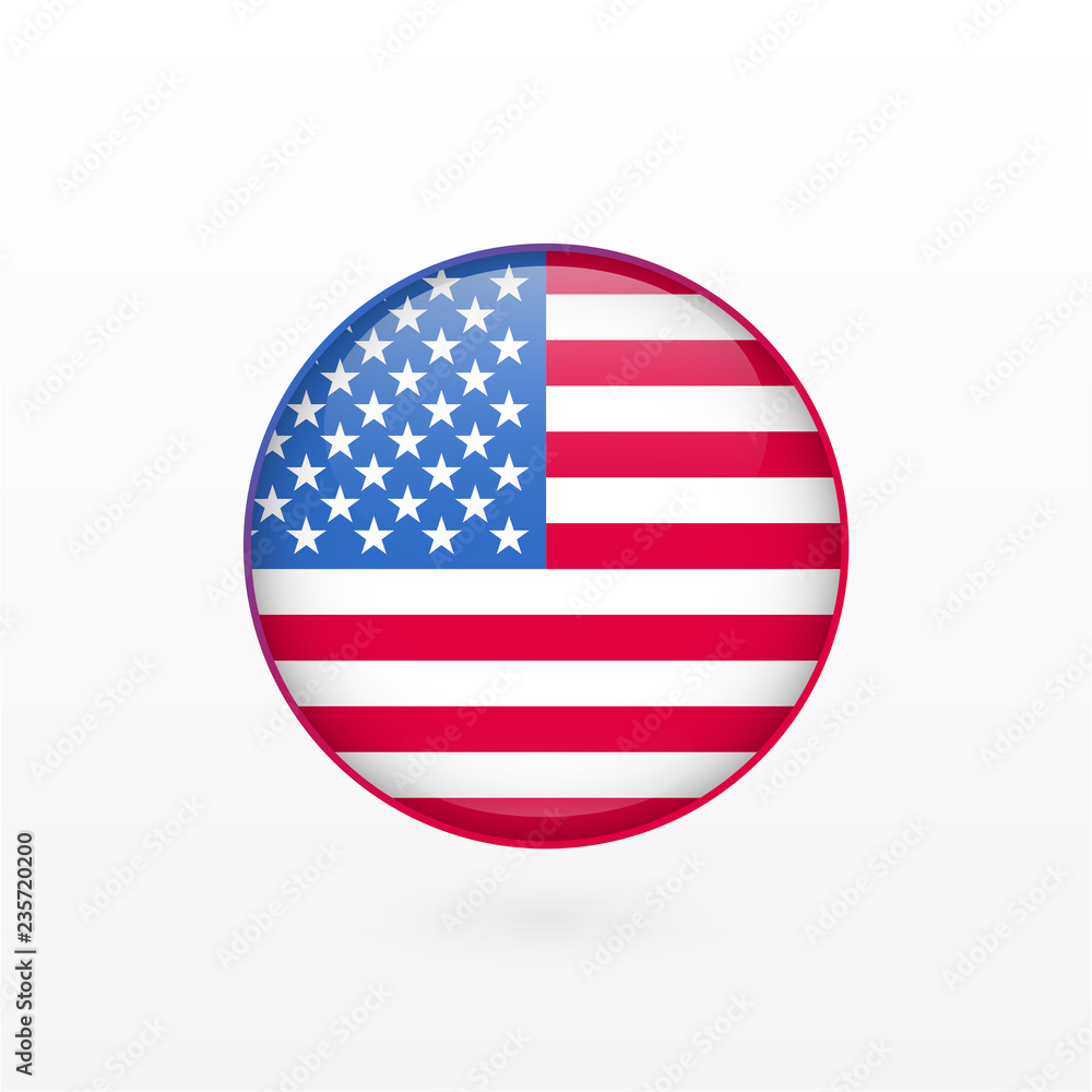 United States of America flag, glossy vector icon. Isolated American circle badge symbol. USA illustration sign for business, travel, patriot, national day, politics, web, concept design United States of America flag, glossy vector icon. Isolated American circle badge symbol. USA illustration sign for business, travel, patriot, national day, politics, web, concept design
