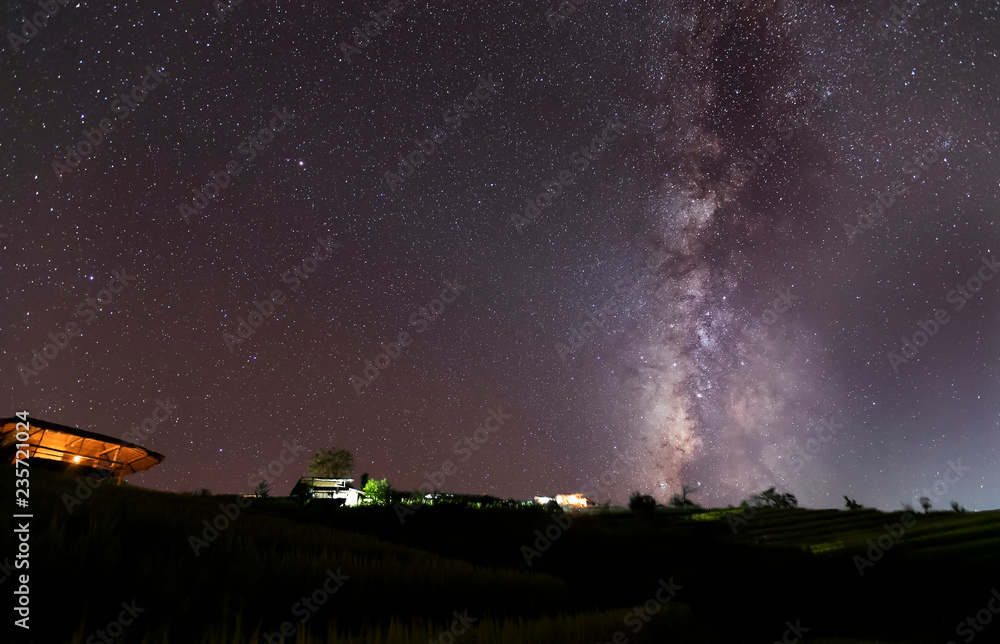 Milky Way Galaxy over hut on paddy rice field at night sky. Milky Way Galaxy over hut on paddy rice field at night sky.