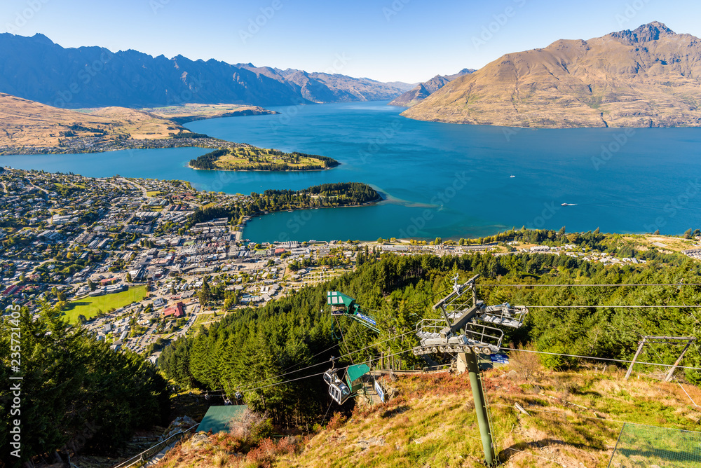 Beautiful panoramic aerial view of Ben Lomond Lake Scenic reserve with mountains in the background, Queenstown, New Zealand.