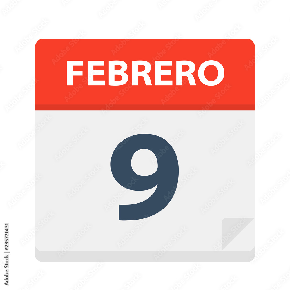 Febrero 9 - Calendar Icon - February 9. Vector illustration of Spanish Calendar Leaf Febrero 9 - Calendar Icon - February 9. Vector illustration of Spanish Calendar Leaf
