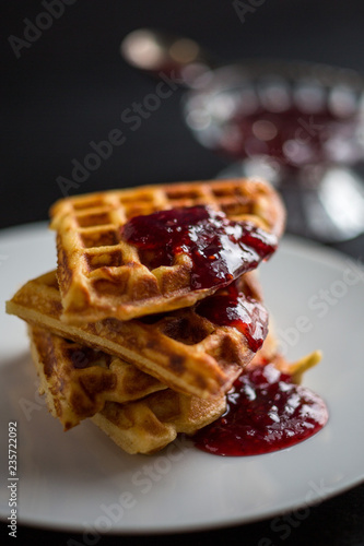 Wallpaper Mural Close up of yeasted waffles with fruit jam served on plate Torontodigital.ca
