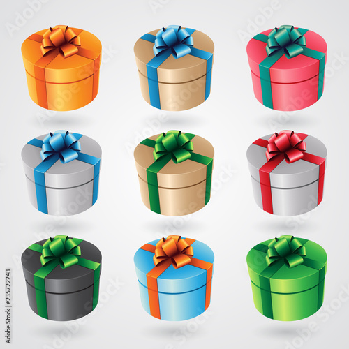 Round Gift Boxes with Glossy Ribbons - Set 2 Vector Illustration