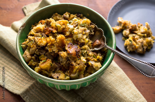 Close up of mushroom and bacon  stuffing served in bowl photo