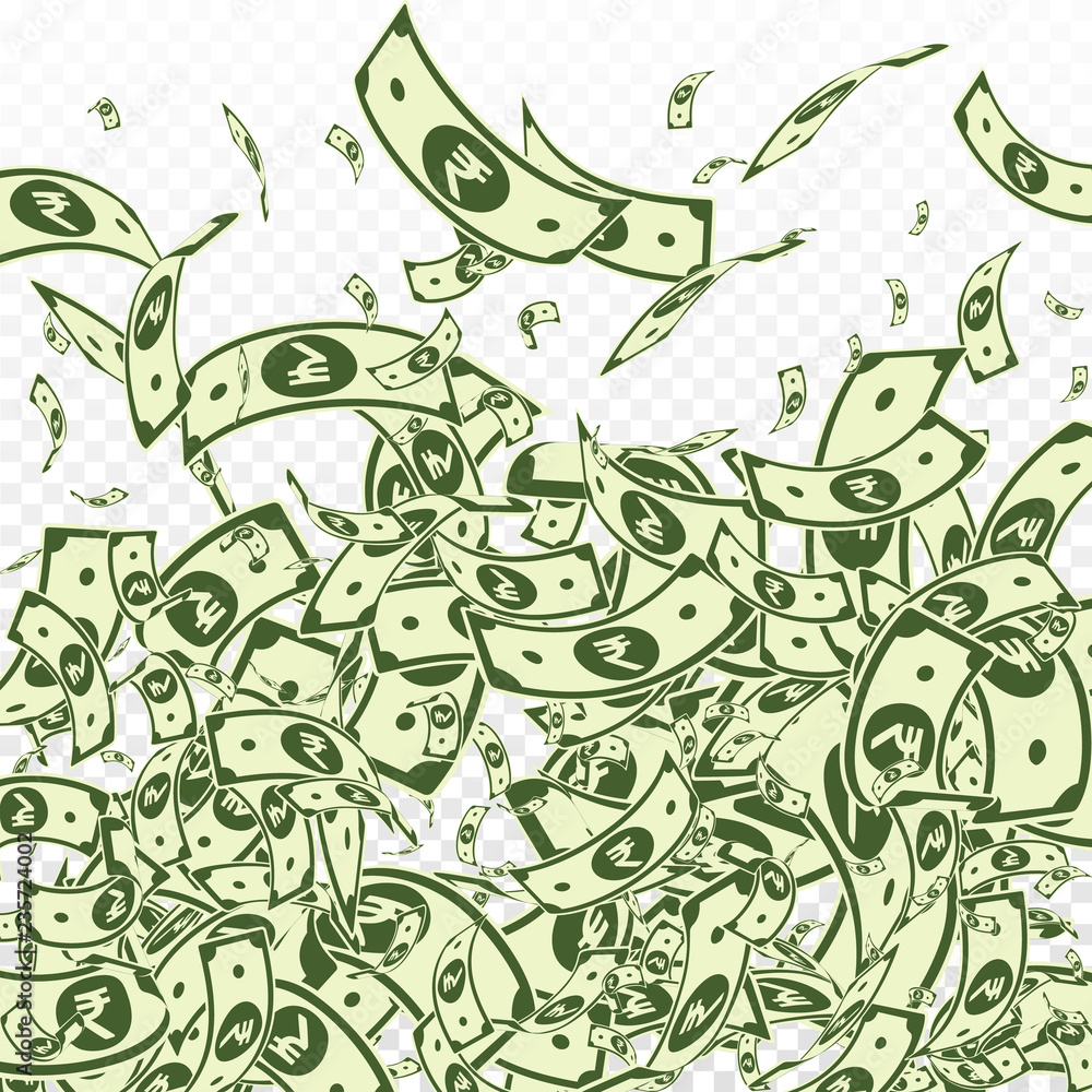Obraz premium Indian rupee notes falling. Messy INR bills on tra