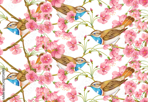 Cherry-tree flowers with a bird . Seamless background pattern. Version 1 © Lebedeus