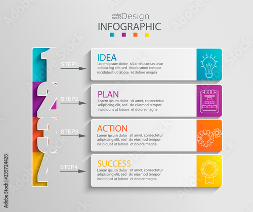 Paper infographic template with 4 options for presentation and data visualization. Business process chart. Diagram with four steps to success. For content, flowchart, workflow. Vector illustration.