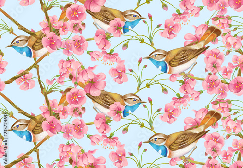 Cherry-tree flowers with a bird . Seamless background pattern. Version 4 © Lebedeus