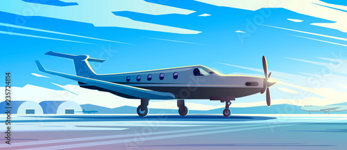 A standing plane. Travel by airplane. Morning.