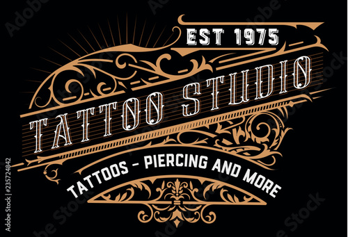 Tattoo logo. Old lettering on dark background with floral ornaments. Vector layered