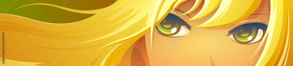Plakat Twarz dziewczyny z zielonymi oczami. Kreskówka stylu anime.