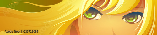 Girl face with green eyes. Cartoon anime style.