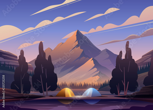 Beautiful vector illustration. The camping place into Mountains.