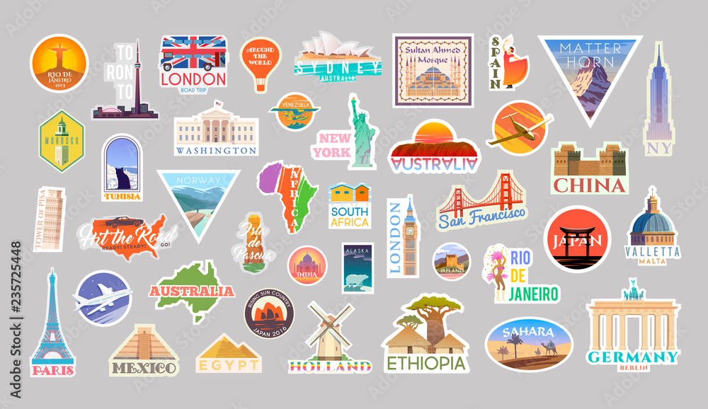 Set of vector travelling stickers colliction. Around the world - obrazy, fototapety, plakaty 