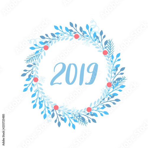 Merry Christmas and Happy New Year vector card. Holidays frame with leaves and branches.