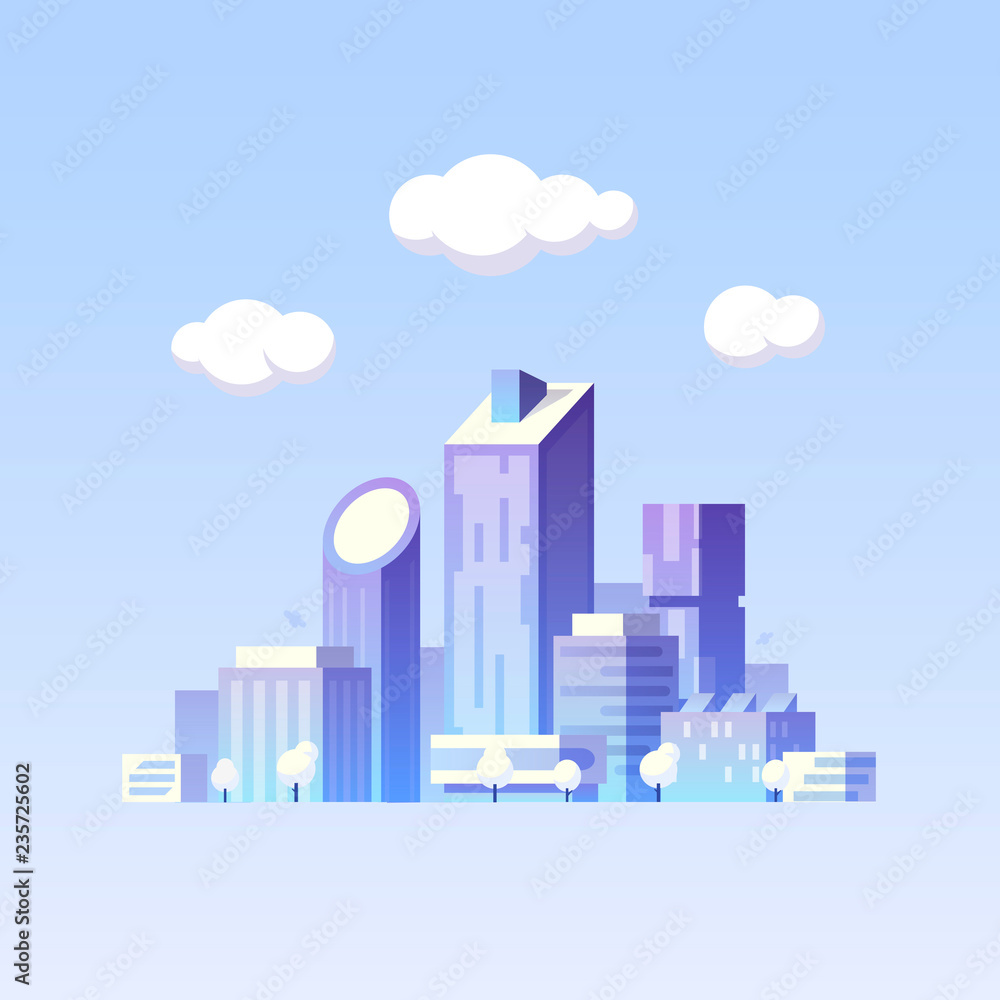 Vector flat illustration. Future city. Modern buildings. Green city