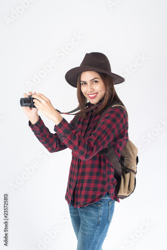 Beautiful traveller woman on white background © tonefotografia