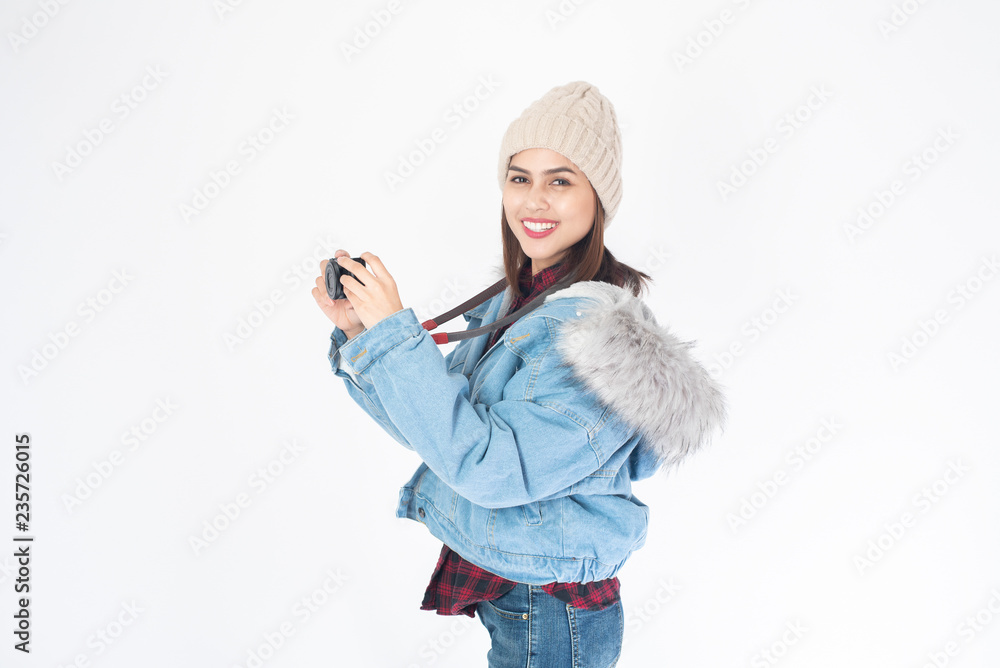 Beautiful traveller woman on white background Beautiful traveller woman on white background