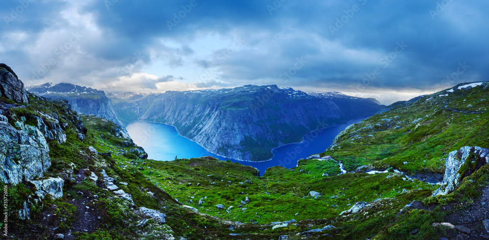 Panorama of Ringedalsvatnet lake near Trolltunga rock - most spectacular and famous scenic cliff in Norway