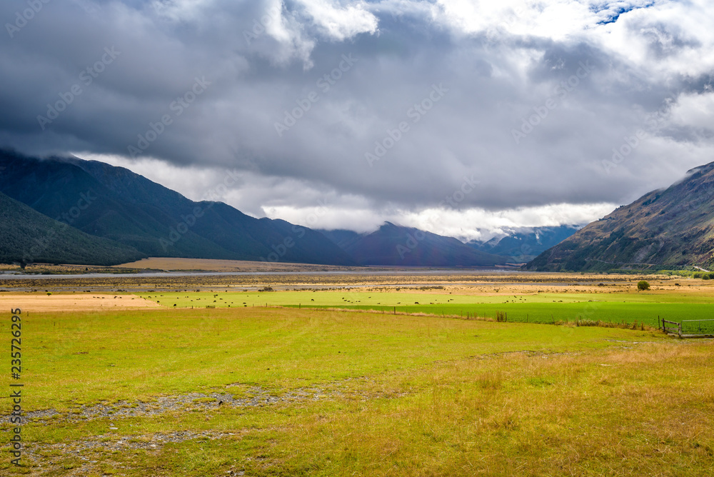 Fototapeta premium Beautiful mountain and countryside green and yellow landscape. Hills, plains, meadows, prairie, fields and river flowing. Waimakariri river valley, near Arthur's Pass and Lake Pearson, New Zealand.