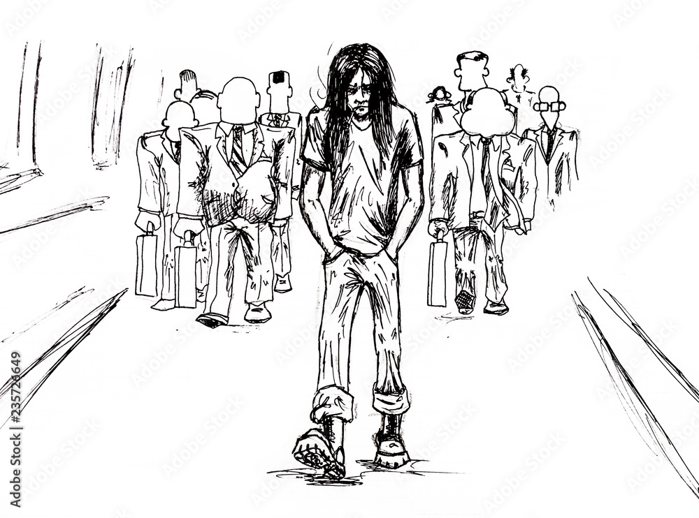Loneliness in the crowd, and he is one special. The guy in the berets and long hair goes away from the faceless crowd Loneliness in the crowd, and he is one special. The guy in the berets and long hair goes away from the faceless crowd