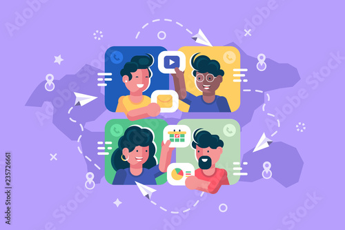 People chatting online together flat poster