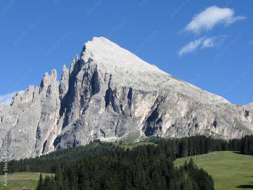 View of Sassopiatto one of the mountain peak of the italian Dolomites against the blue sky at summer . South Tyrol, Italy