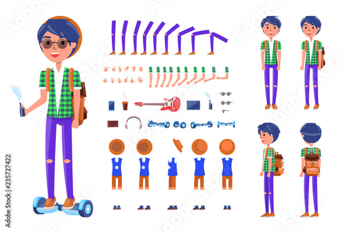 Young Teenager with Hoverboard Icons Set Vector