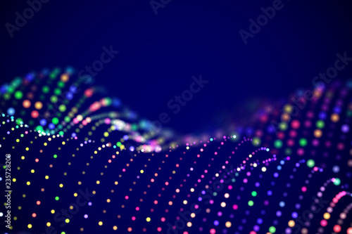 Abstract digital landscape or soundwaves with flowing particles. Big data technology background. Visualization of sound waves. Virtual reality concept: 3D digital surface. EPS 10 vector illustration.