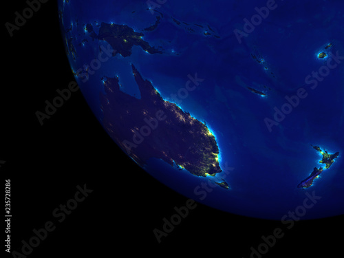 Australia from space at night. Very high detail of Earth surface with very bright city lights.