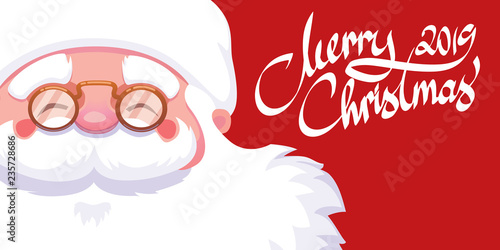 Smiling Santa Claus face  and white sign Merry Christmas on red background