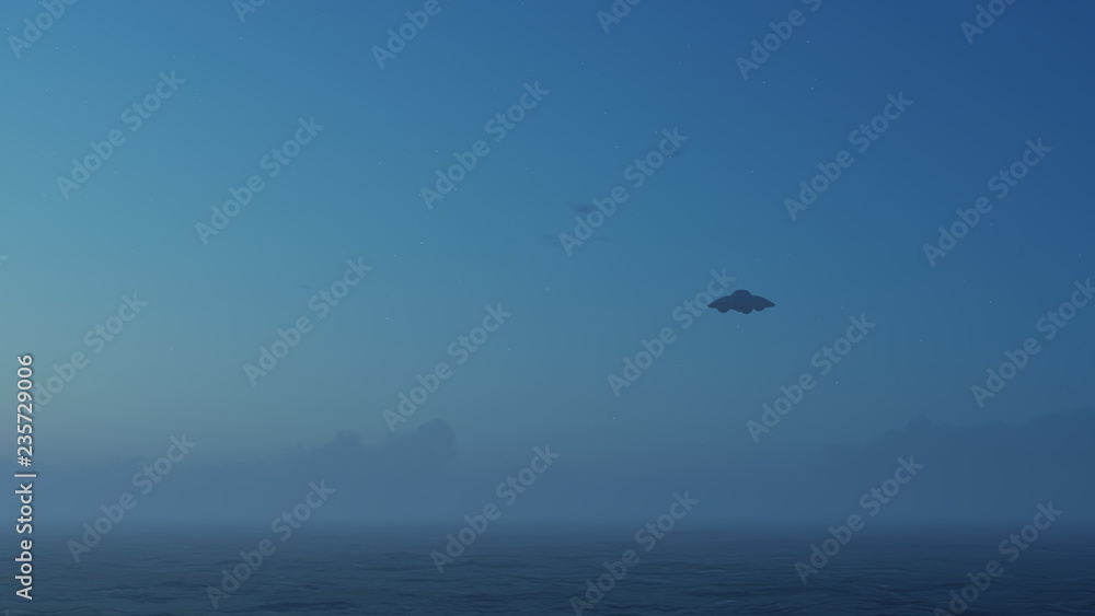 3d render UFO above the ocean
