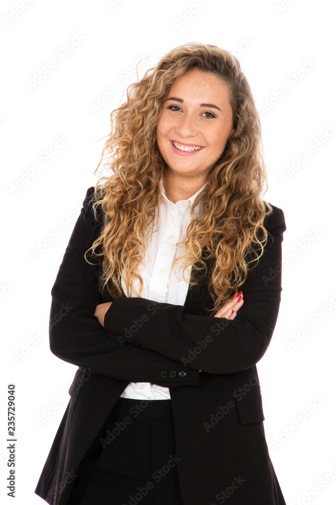 Smiling Girl With Curly Blonde Hair She Is Standing With Her Arms